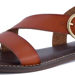 Women Flat Sandals Faux Leather Adjustable Ankle Strap Stylish Buckle Casual